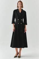 Exquise-Kruvaze Kesim Gold Düğmeli Regular Siyah Midi Elbise-ELBİSE-1-Milagron.com