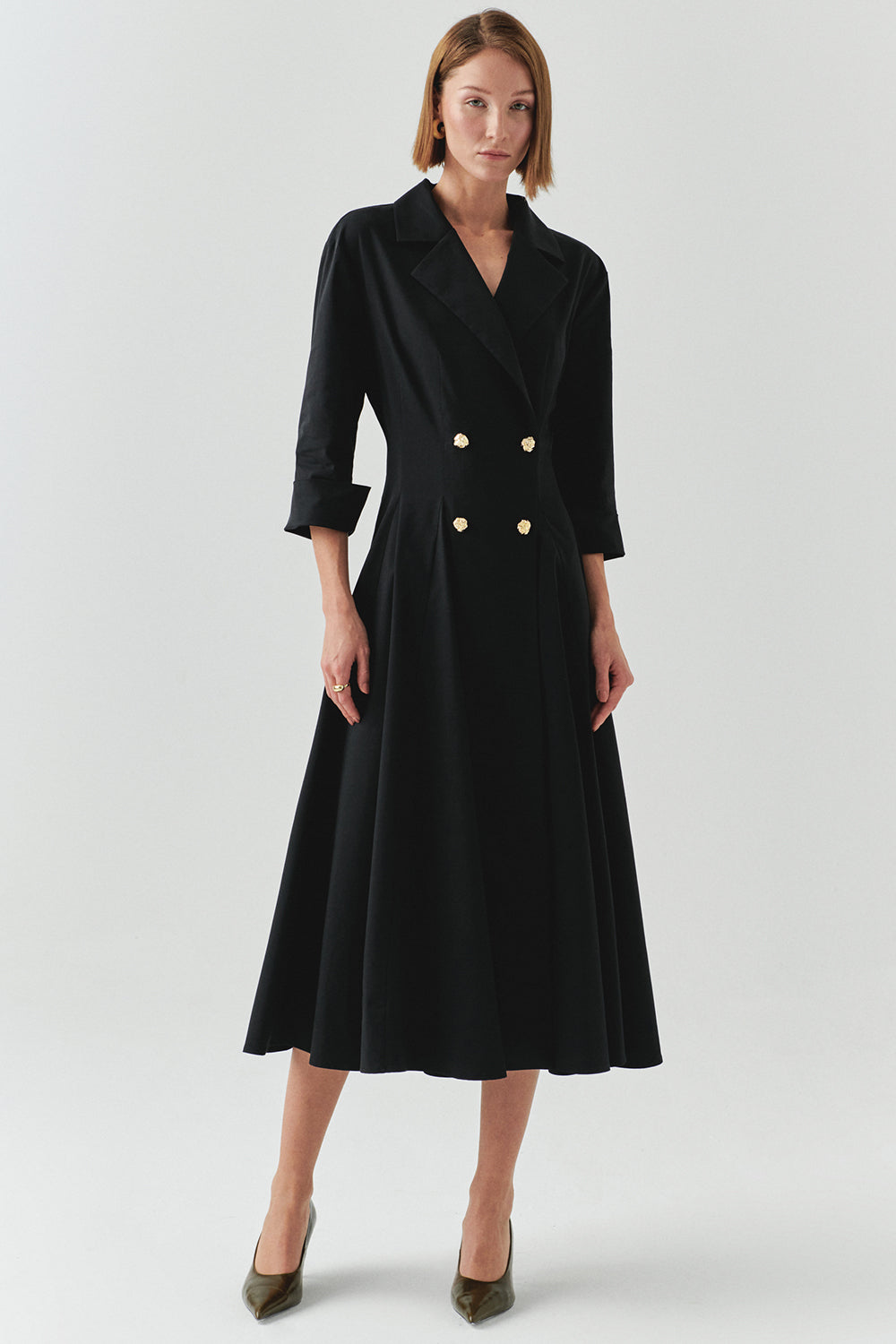 Exquise-Kruvaze Kesim Gold Düğmeli Regular Siyah Midi Elbise-ELBİSE-2-Milagron.com