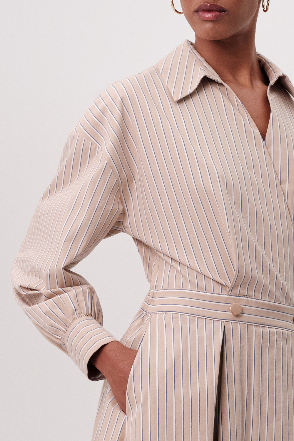 Kruvaze Yaka Beli Lastikli Cepli Regular Midi Çok Renkli Elbise