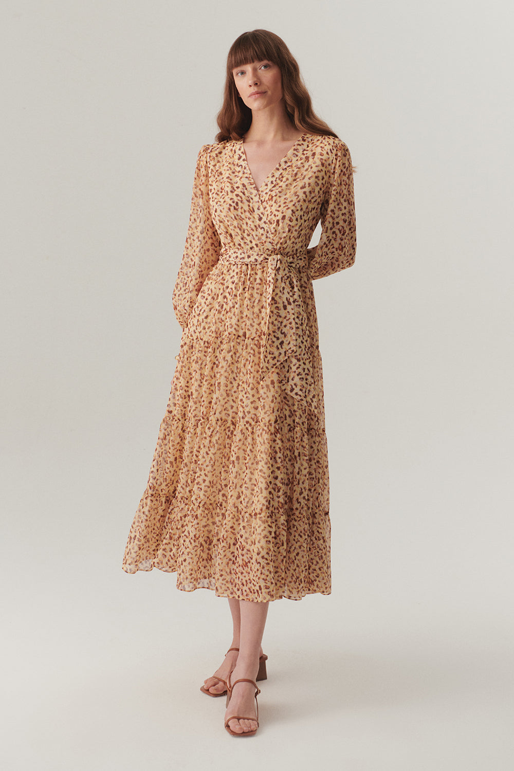 Exquise-Kruvaze Yaka Geniş Kollu Midi Boy Desenli şifon Elbise-ELBİSE-1-Milagron.com