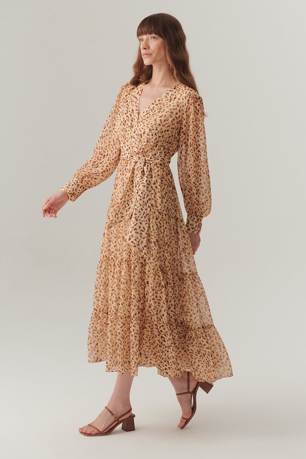 Exquise-Kruvaze Yaka Geniş Kollu Midi Boy Desenli şifon Elbise-ELBİSE-4-Milagron.com