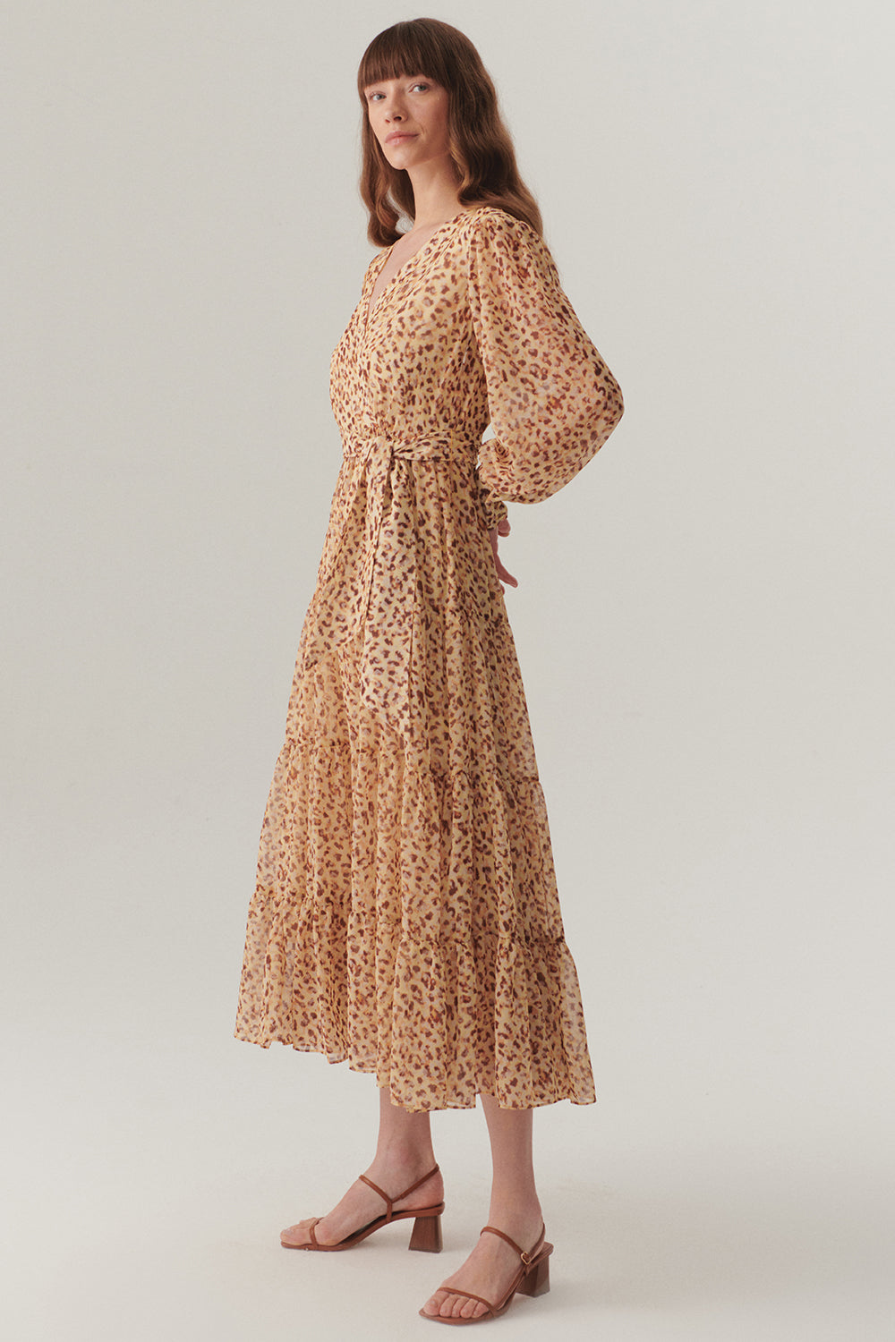 Exquise-Kruvaze Yaka Geniş Kollu Midi Boy Desenli şifon Elbise-ELBİSE-5-Milagron.com