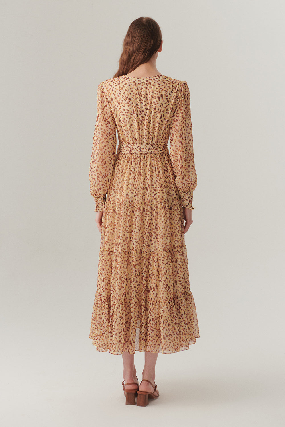 Exquise-Kruvaze Yaka Geniş Kollu Midi Boy Desenli şifon Elbise-ELBİSE-6-Milagron.com