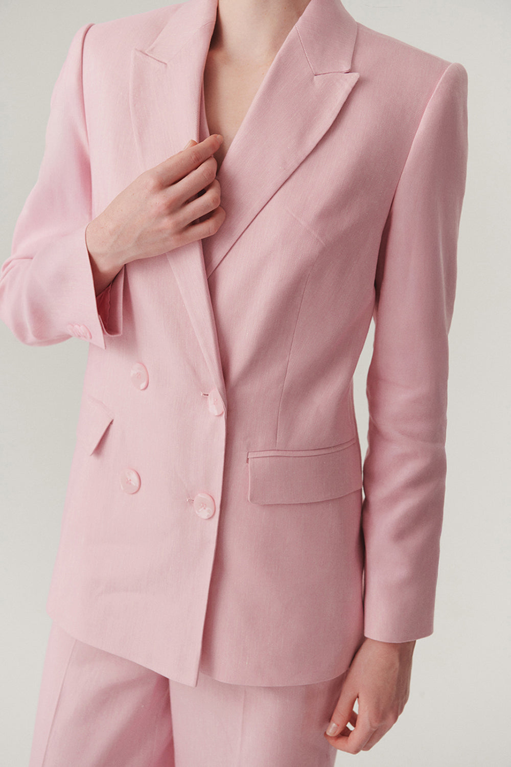 Exquise-Kruvaze Yaka Keten Regular Pembe Blazer Ceket-CEKET-4-Milagron.com