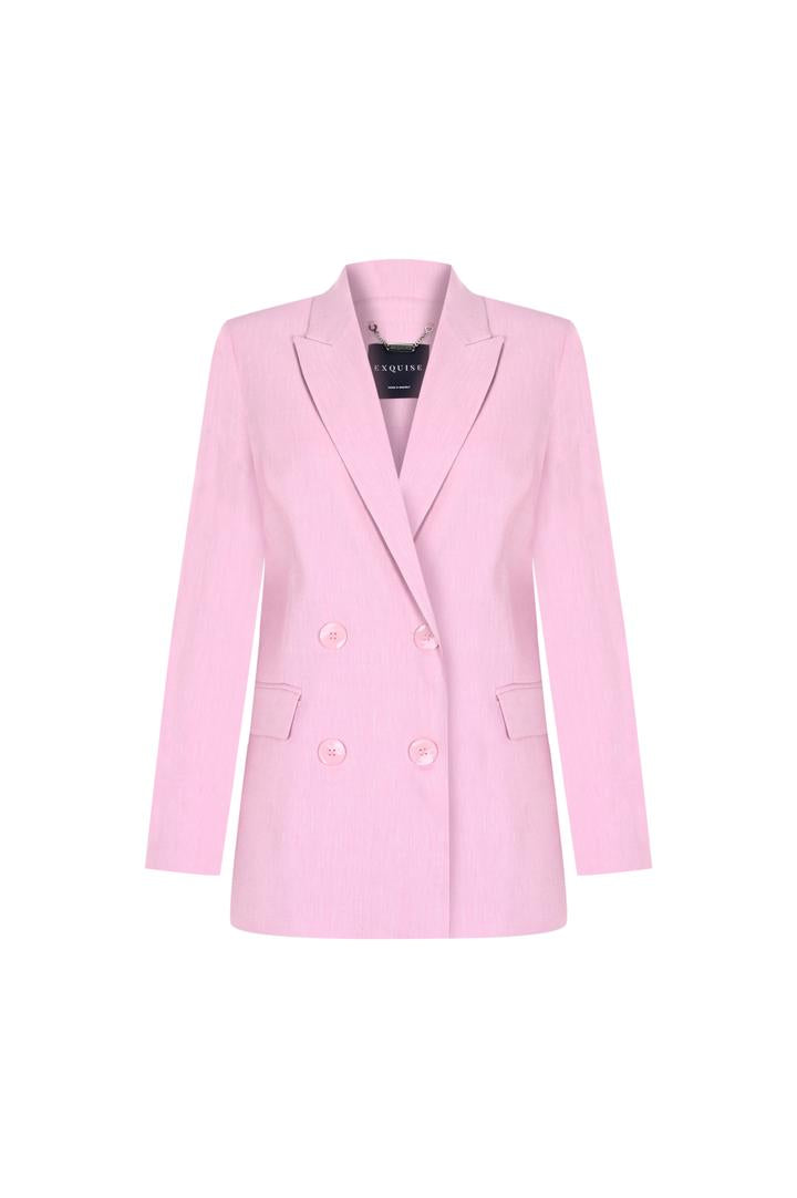 Exquise-Kruvaze Yaka Keten Regular Pembe Blazer Ceket-CEKET-6-Milagron.com