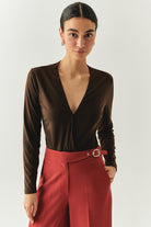 Exquise-Kruvaze Yaka Uzun Kollu Regular örme Kahve Bluz-BLUZ-1-Milagron.com