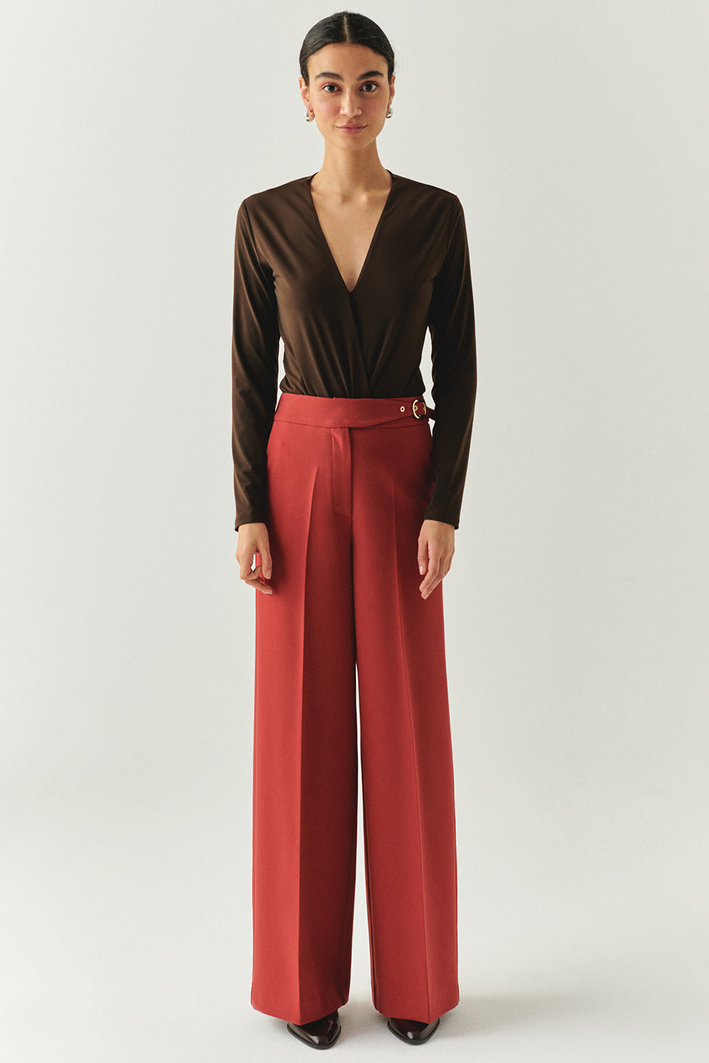 Exquise-Kruvaze Yaka Uzun Kollu Regular örme Kahve Bluz-BLUZ-4-Milagron.com