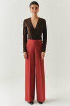 Exquise-Kruvaze Yaka Uzun Kollu Regular örme Kahve Bluz-BLUZ-4-Milagron.com