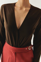 Exquise-Kruvaze Yaka Uzun Kollu Regular örme Kahve Bluz-BLUZ-5-Milagron.com