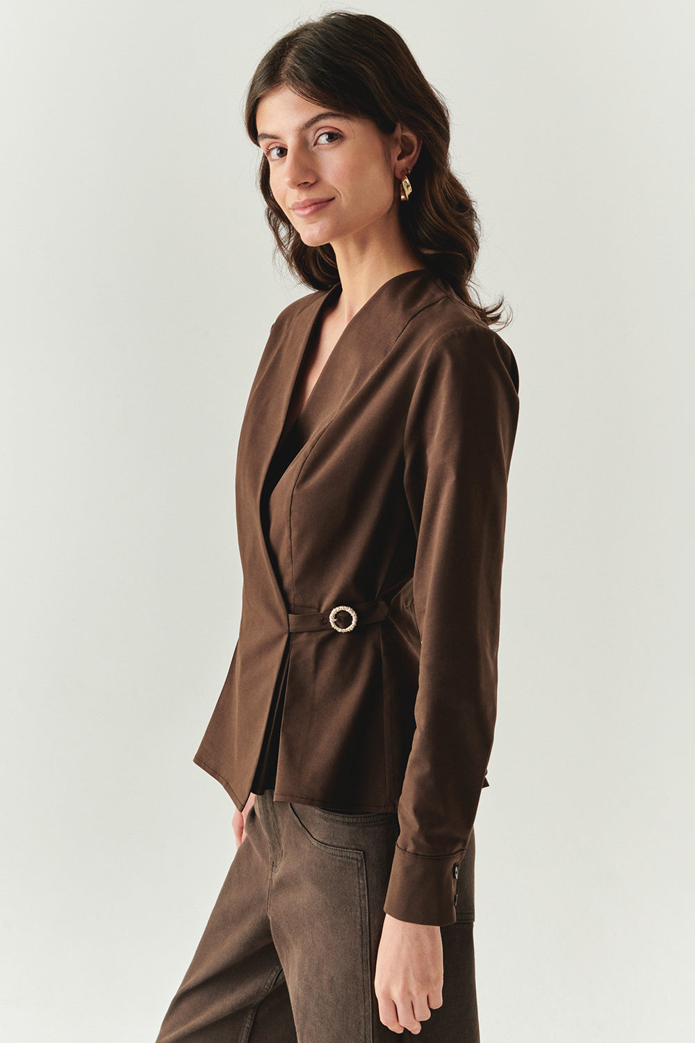 Exquise-Kruvaze Yaka Uzun Kollu Slim Fit Kahve Gömlek-GÖMLEK-2-Milagron.com