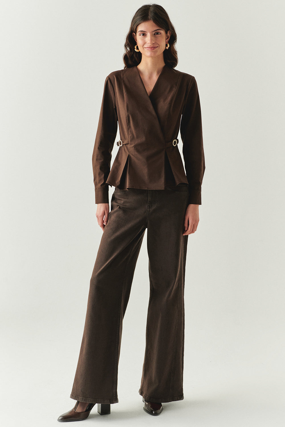 Exquise-Kruvaze Yaka Uzun Kollu Slim Fit Kahve Gömlek-GÖMLEK-4-Milagron.com