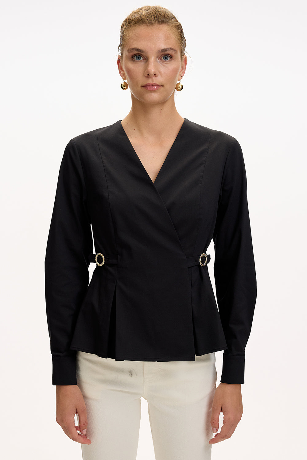 Exquise-Kruvaze Yaka Uzun Kollu Slim Fit Siyah Gömlek-GÖMLEK-1-Milagron.com