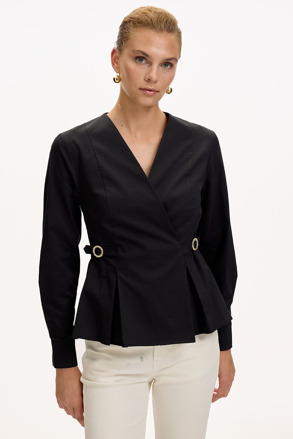 Exquise-Kruvaze Yaka Uzun Kollu Slim Fit Siyah Gömlek-GÖMLEK-2-Milagron.com