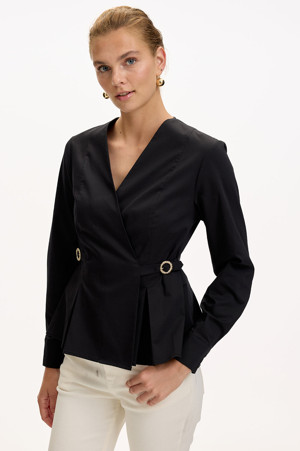 Exquise-Kruvaze Yaka Uzun Kollu Slim Fit Siyah Gömlek-GÖMLEK-4-Milagron.com