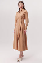 Kuş Gözü Detaylı Cepli Gömlek Yaka Regular Midi Camel Elbise