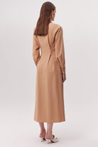 Kuş Gözü Detaylı Cepli Gömlek Yaka Regular Midi Camel Elbise