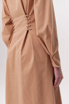 Kuş Gözü Detaylı Cepli Gömlek Yaka Regular Midi Camel Elbise