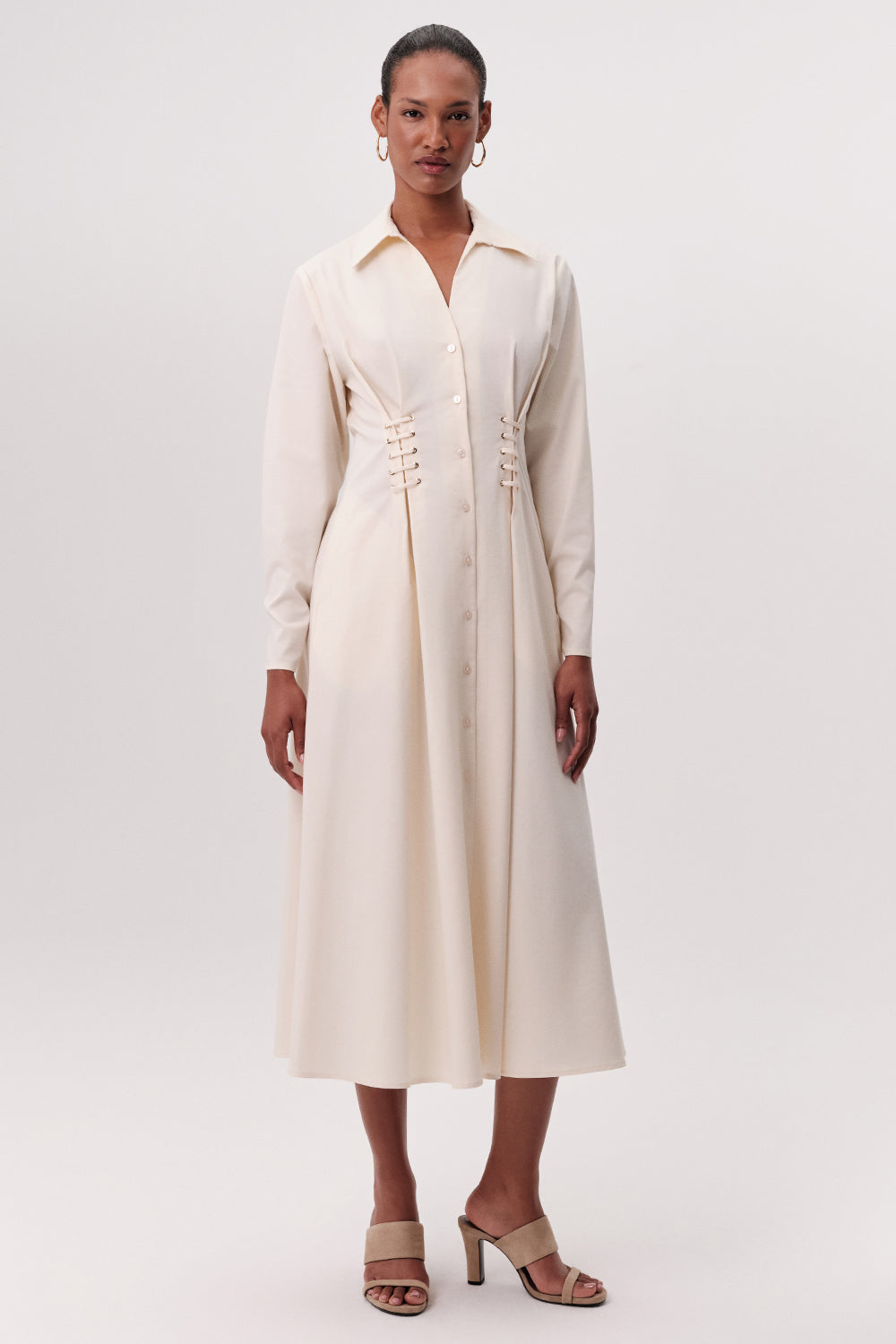 Kuş Gözü Detaylı Cepli Gömlek Yaka Regular Midi Krem Elbise