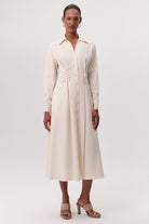 Kuş Gözü Detaylı Cepli Gömlek Yaka Regular Midi Krem Elbise