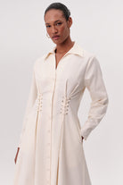 Kuş Gözü Detaylı Cepli Gömlek Yaka Regular Midi Krem Elbise