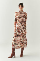 Exquise-Kuşaklı Astarlı Regular Midi Pileli Desenli Etek-ETEK-1-Milagron.com