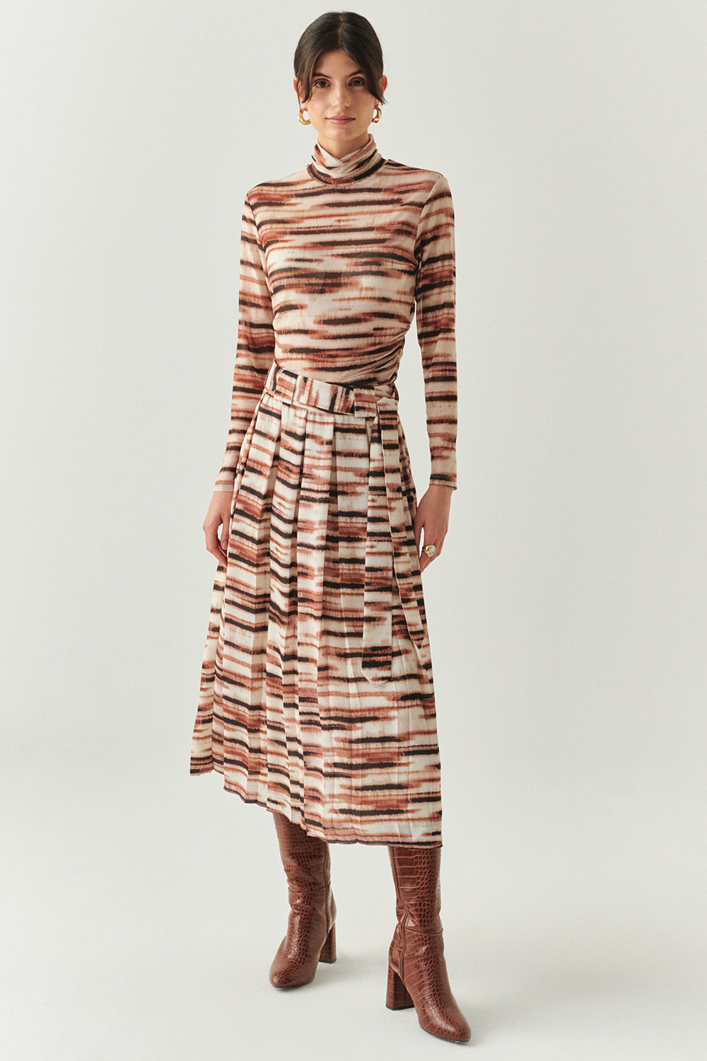 Exquise-Kuşaklı Astarlı Regular Midi Pileli Desenli Etek-ETEK-5-Milagron.com