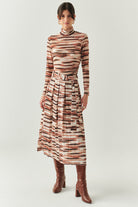 Exquise-Kuşaklı Astarlı Regular Midi Pileli Desenli Etek-ETEK-5-Milagron.com