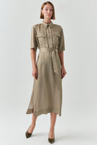 Exquise-Kuşaklı Desenli Gömlek Yaka Kısa Kollu Regular Midi Elbise-ELBİSE-1-Milagron.com