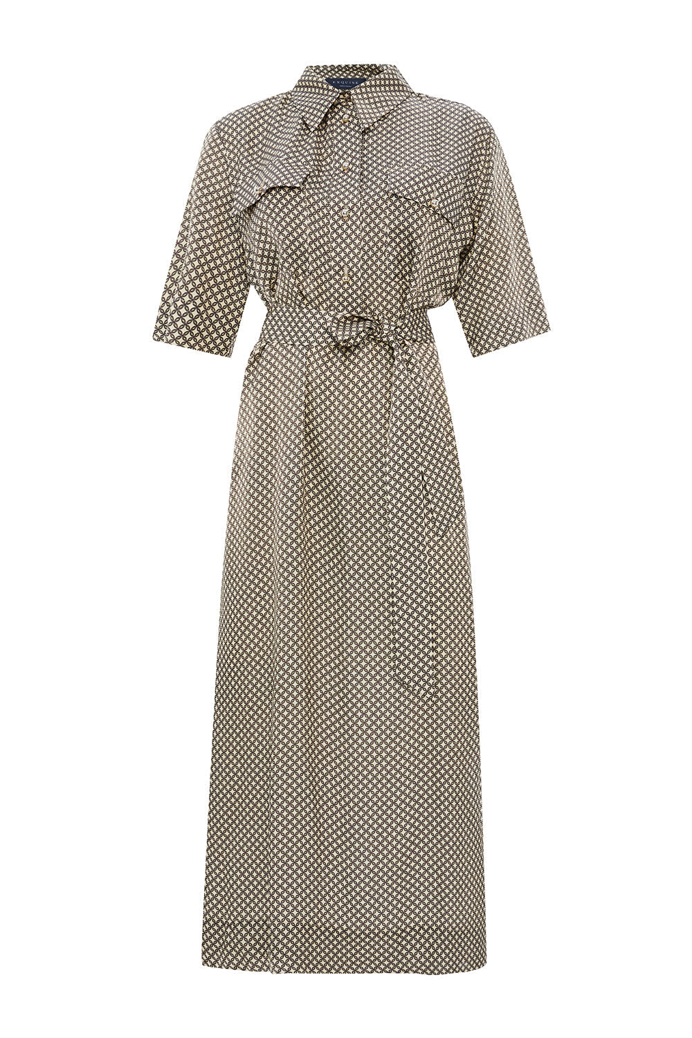 Exquise-Kuşaklı Desenli Gömlek Yaka Kısa Kollu Regular Midi Elbise-ELBİSE-7-Milagron.com