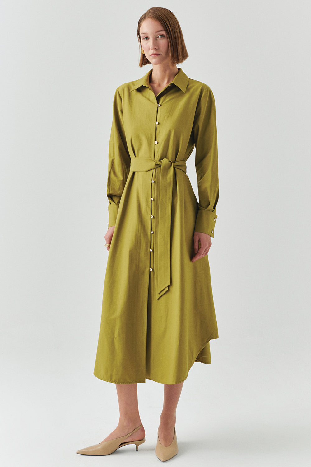 Exquise-Kuşaklı Gömlek Yaka Uzun Kollu Midi Regular Yeşil Elbise-ELBİSE-1-Milagron.com