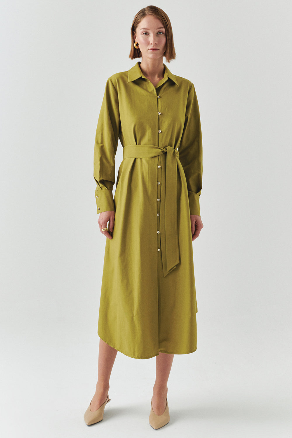 Exquise-Kuşaklı Gömlek Yaka Uzun Kollu Midi Regular Yeşil Elbise-ELBİSE-2-Milagron.com