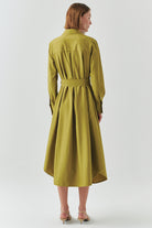 Exquise-Kuşaklı Gömlek Yaka Uzun Kollu Midi Regular Yeşil Elbise-ELBİSE-4-Milagron.com