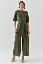 Exquise-Kuşaklı Kısa Kollu Fermuar Kapamalı örme Slim Fit Haki Tulum-TULUM-3-Milagron.com