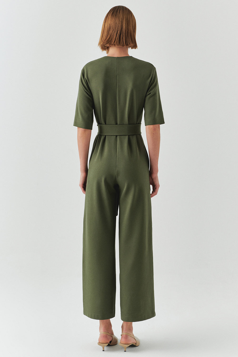 Exquise-Kuşaklı Kısa Kollu Fermuar Kapamalı örme Slim Fit Haki Tulum-TULUM-5-Milagron.com