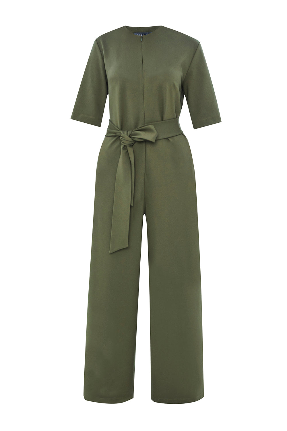 Exquise-Kuşaklı Kısa Kollu Fermuar Kapamalı örme Slim Fit Haki Tulum-TULUM-7-Milagron.com