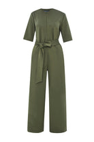 Exquise-Kuşaklı Kısa Kollu Fermuar Kapamalı örme Slim Fit Haki Tulum-TULUM-7-Milagron.com