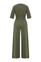 Exquise-Kuşaklı Kısa Kollu Fermuar Kapamalı örme Slim Fit Haki Tulum-TULUM-8-Milagron.com