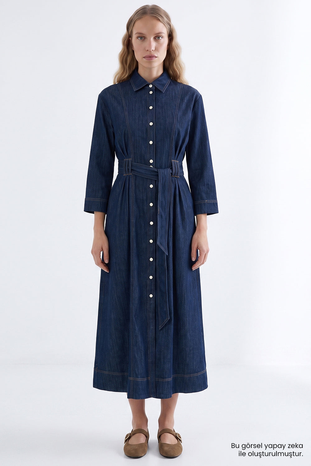 Exquise-Uzun Kollu Kuşaklı Regular Midi Denim Gömlek İNdigo Elbise-Elbise-1-Milagron.com