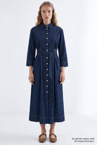 Exquise-Uzun Kollu Kuşaklı Regular Midi Denim Gömlek İNdigo Elbise-Elbise-1-Milagron.com