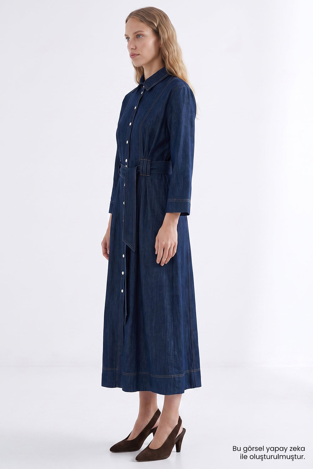 Exquise-Uzun Kollu Kuşaklı Regular Midi Denim Gömlek İNdigo Elbise-Elbise-2-Milagron.com