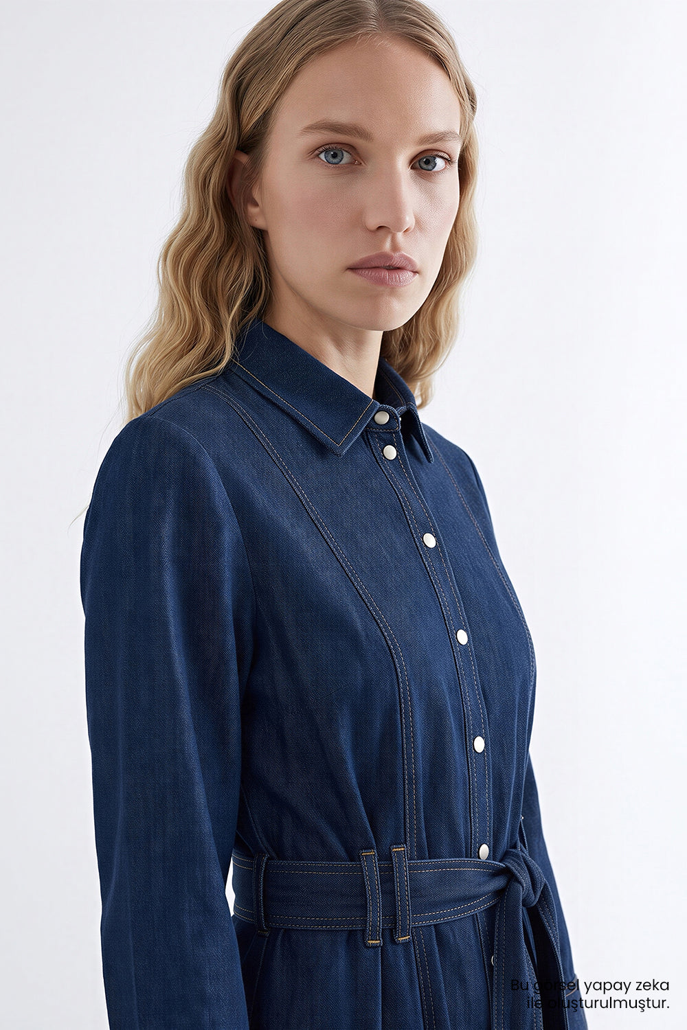 Exquise-Uzun Kollu Kuşaklı Regular Midi Denim Gömlek İNdigo Elbise-Elbise-6-Milagron.com