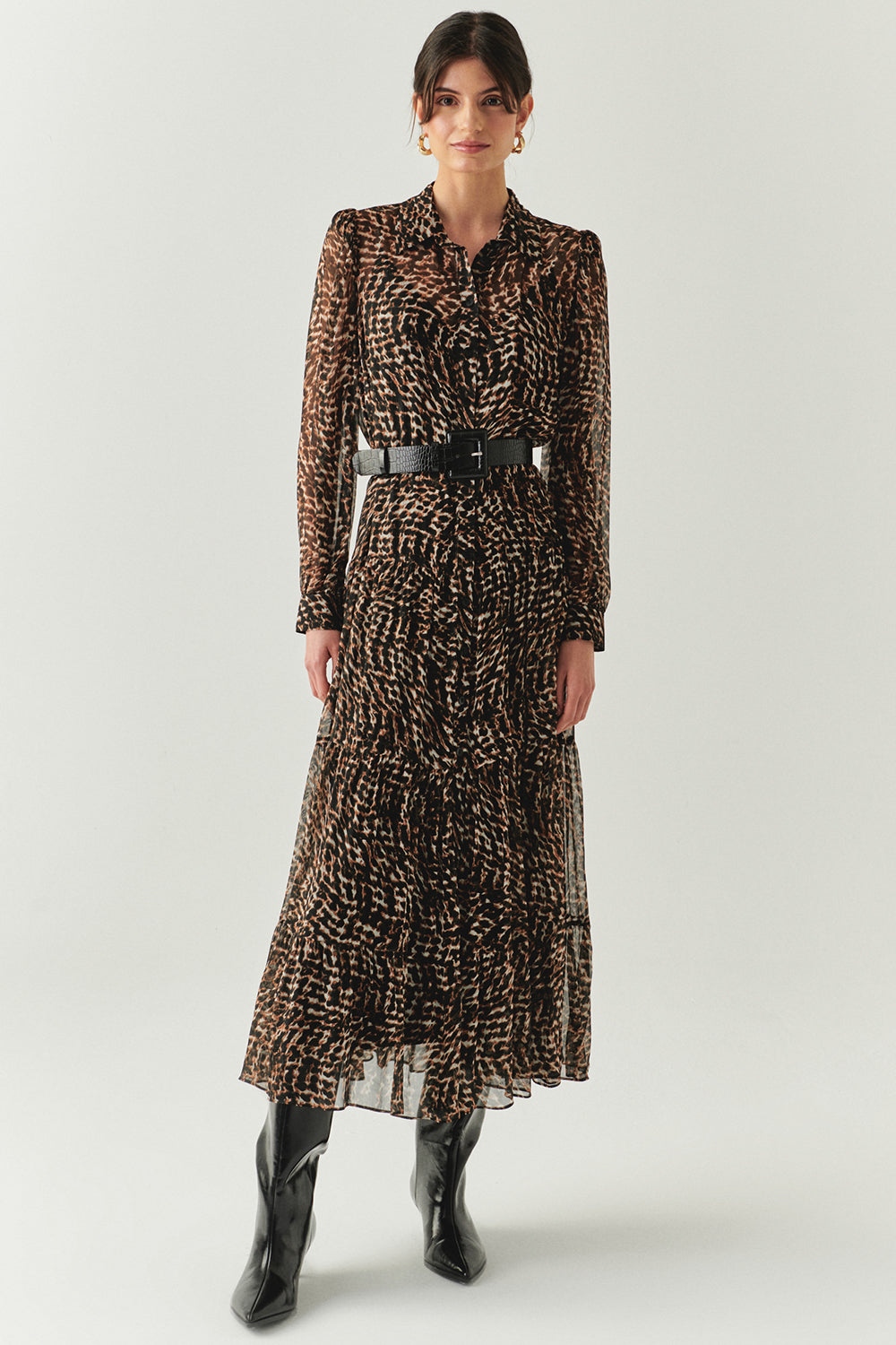Exquise-Leopar Desen Uzun Kollu Kemerli Astarlı Regular Midi Elbise-ELBİSE-1-Milagron.com