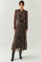 Exquise-Leopar Desen Uzun Kollu Kemerli Astarlı Regular Midi Elbise-ELBİSE-1-Milagron.com