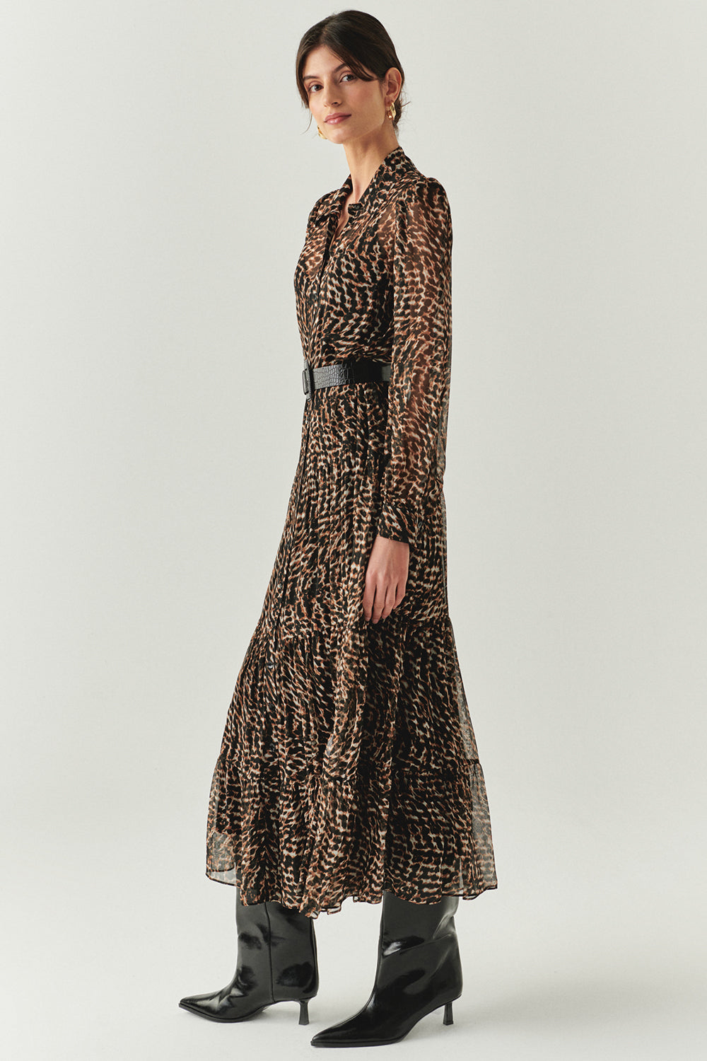 Exquise-Leopar Desen Uzun Kollu Kemerli Astarlı Regular Midi Elbise-ELBİSE-2-Milagron.com