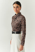 Exquise-Leopar Desenli Boğazlı Slim Fit Uzun Kollu Örme Bluz-BLUZ-2-Milagron.com