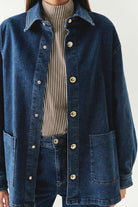 Exquise-Metal Düğme Detaylı Regular Cepli Denim İndigo Ceket-CEKET-4-Milagron.com