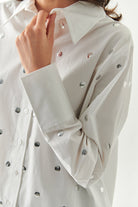 Exquise-Metal Pullu Düğmeli Uzun Kol Oversize Ekru Gömlek-GÖMLEK-5-Milagron.com