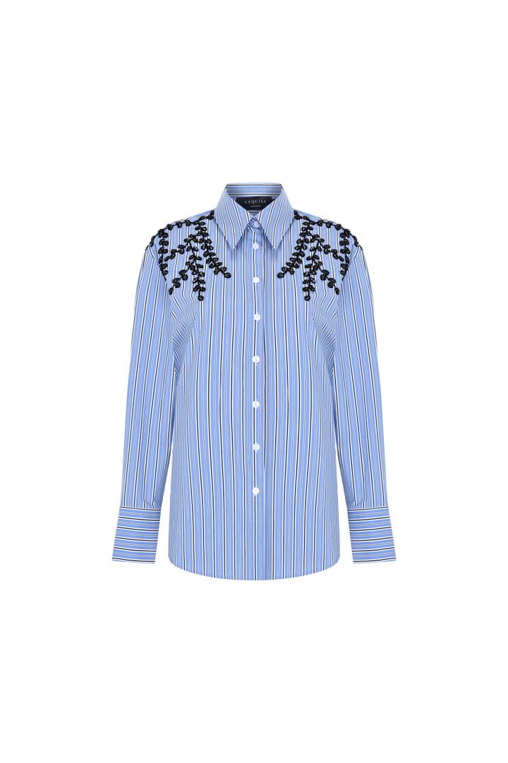 Exquise-Omuzları Taş İşlemeli Regular Fit çizgili Gömlek-Gömlek-6-Milagron.com