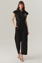 Exquise-Orta Bel Pamuklu Kumaş Bol Kesim Kısa Paça Siyah Pantolon-Pantolon-1-Milagron.com