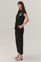 Exquise-Orta Bel Pamuklu Kumaş Bol Kesim Kısa Paça Siyah Pantolon-Pantolon-3-Milagron.com